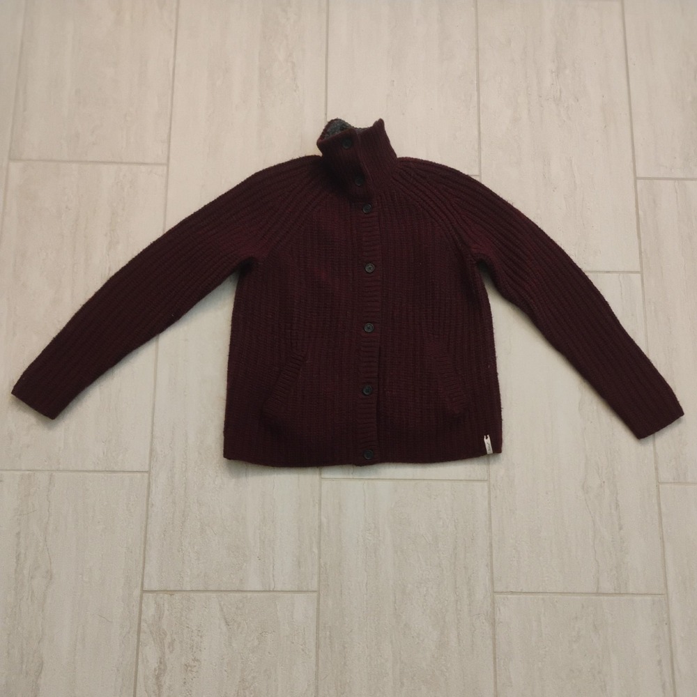 Woolrich Womens Cardigan Sweater Small Burgundy Wine Red Wool Chunky Ribbed Knit
